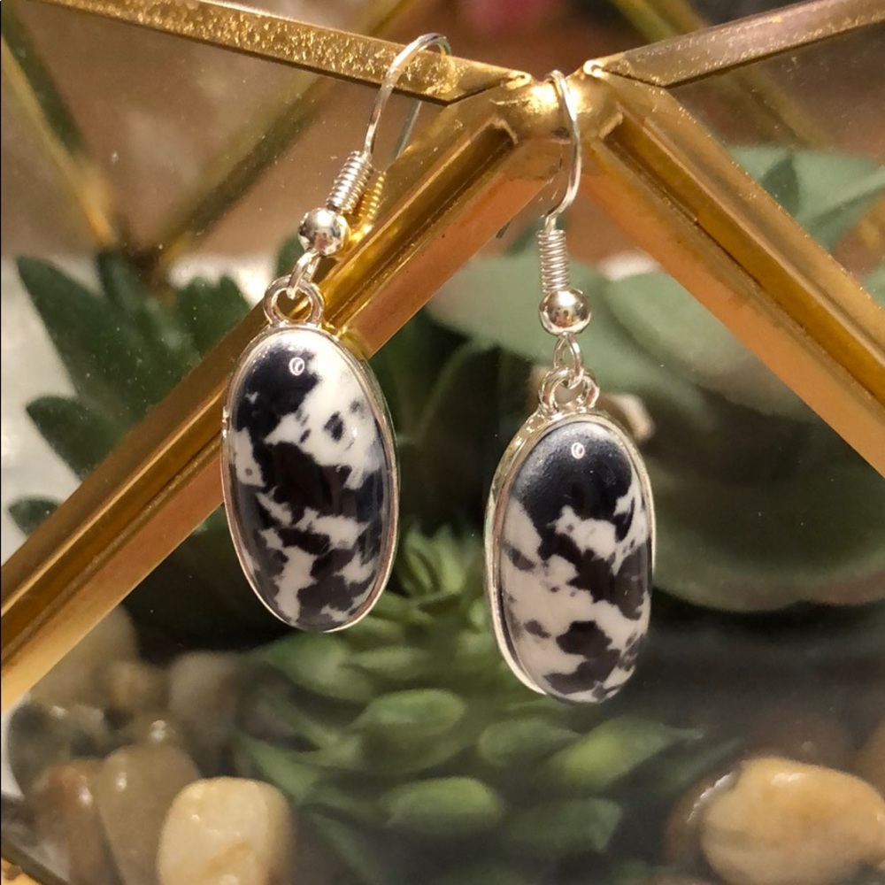 Black and white faux stone and silver earrings